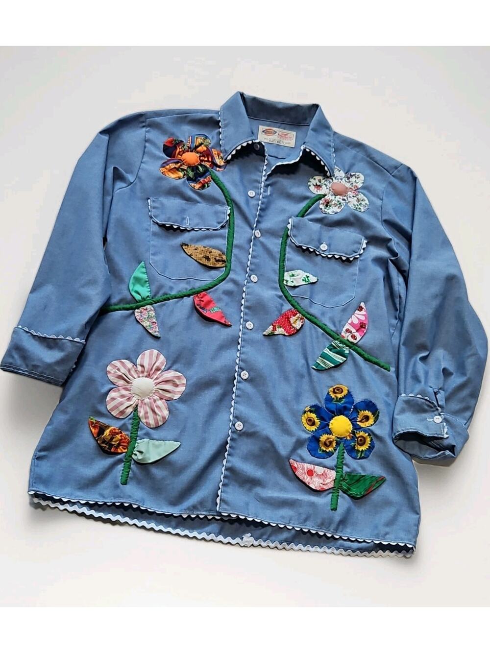 Dickies Women’s Blue Chambray Work Shirt Floral Applique 16 1/2 34/35 - Picture 1 of 7